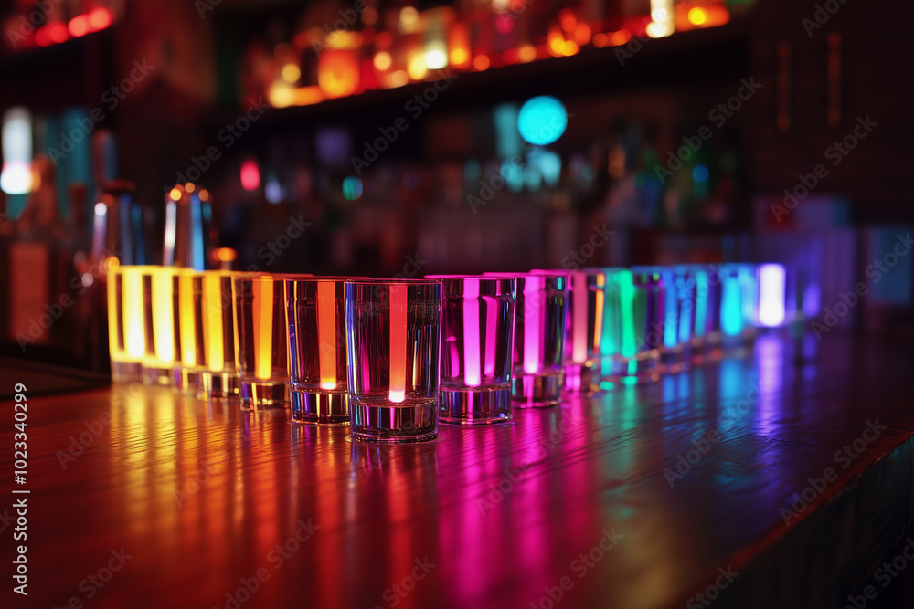 row of colorful shot glasses on a bar counter. The shot glasses are lined up in a row, with some of them being taller than others. The colors of the shot glasses are bright and vibrant row of colorful shot glasses on a bar counter. The shot glasses are lined up in a row, with some of them being taller than others. The colors of the shot glasses are bright and vibrant