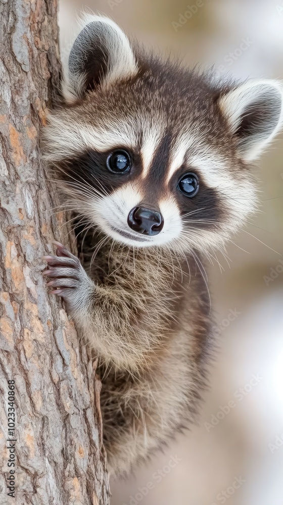 A playful baby raccoon explores its environment by climbing a tall tree amidst the vibrant greenery of a serene forest, showcasing its natural curiosity and charm A playful baby raccoon explores its environment by climbing a tall tree amidst the vibrant greenery of a serene forest, showcasing its natural curiosity and charm
