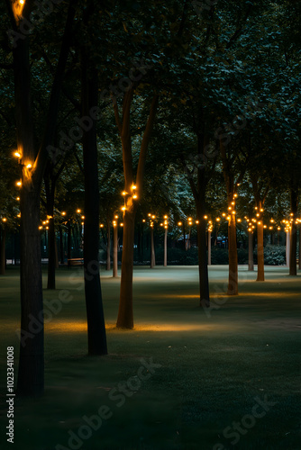 Lush trees adorned with string lights create a magical and inviting ambiance in the park on a tranquil night, perfect for a romantic evening or festive celebration