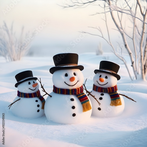 snowman with brown hat and multi color scarf and carrot nose in snow, little and cute snowman in winter , christmas season