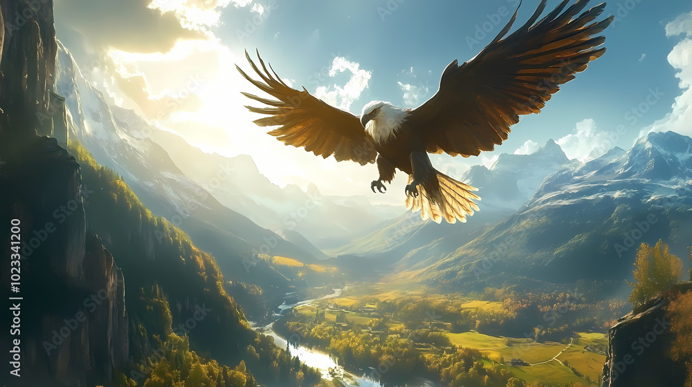 Obraz premium Majestic griffin soaring above a sunlit valley, griffin flight, mythical beauty. Gryphon in Flight. Illustration