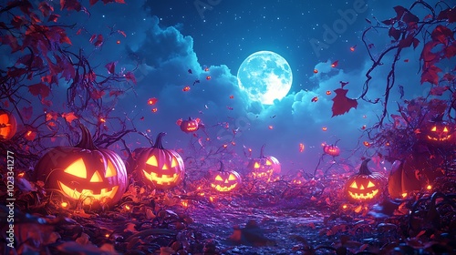 A whimsical pumpkin patch scene at night, cartoon style, with glowing jack-o'-lanterns in various expressions. Twisting vines and leaves surround the pumpkins,