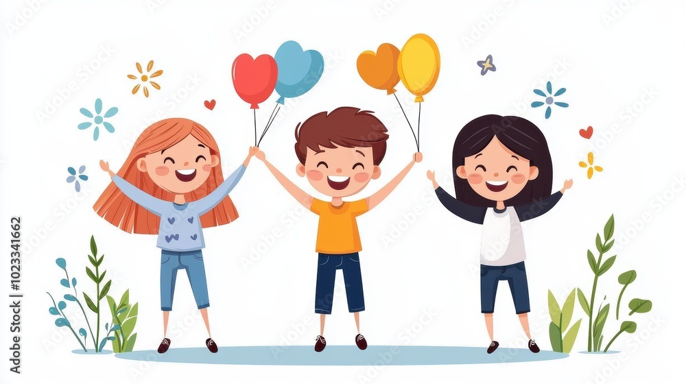 Happy Children with Balloons Celebrating Joyful Moments Happy Children with Balloons Celebrating Joyful Moments