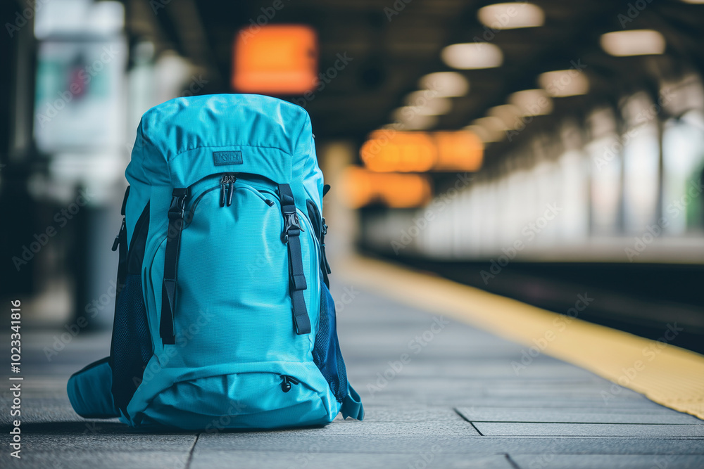Obraz premium blue backpack is sitting on a train platform. The backpack is empty and the train is not in motion. The scene is quiet and peaceful, with no people around