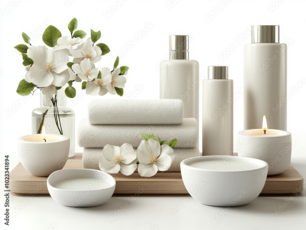 A sophisticated spa arrangement featuring white ceramic bottles, stacked towels, and delicate white blossoms on a wooden tray, evoking tranquility and relaxation. A sophisticated spa arrangement featuring white ceramic bottles, stacked towels, and delicate white blossoms on a wooden tray, evoking tranquility and relaxation.