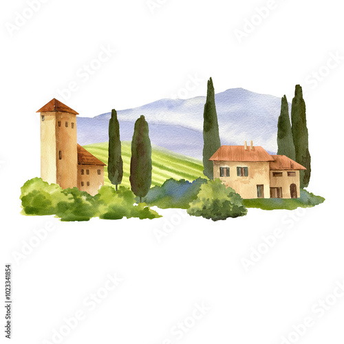 Italian rural landscape with towers and farms, cypress trees and bushes, mountains, watercolor isolated composition. Mediterranean Europe scenery with ancient houses for travel tourists designs