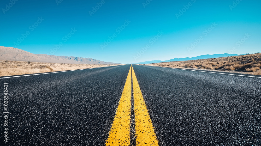 Naklejka premium A straight, empty highway in the middle of the desert, under a bright blue sky