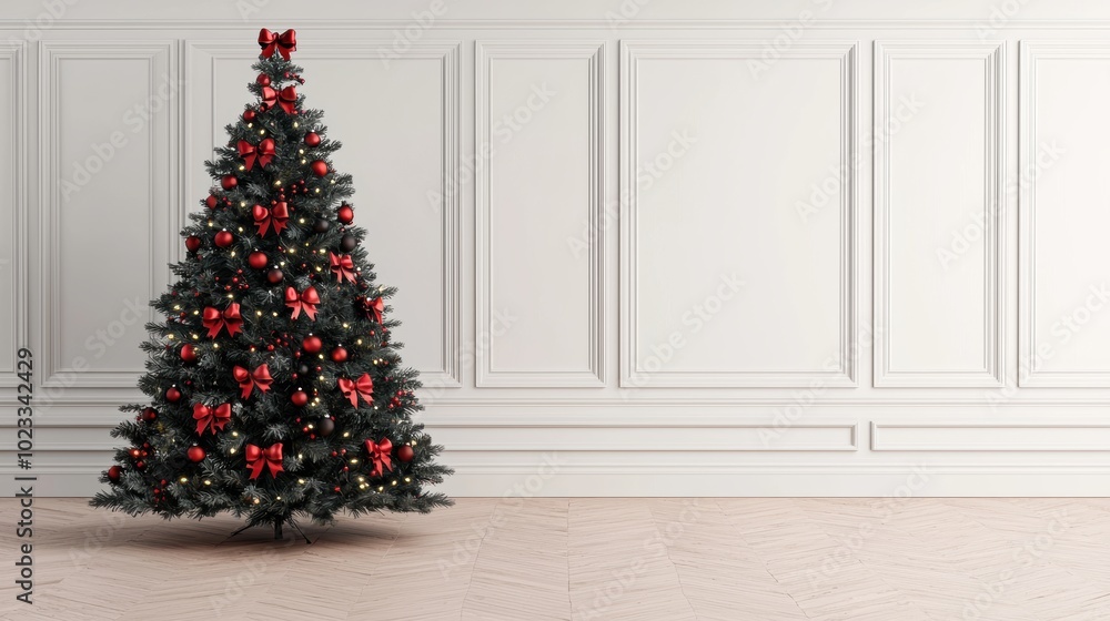 Festive Christmas Tree with Red Decorations and Lights Festive Christmas Tree with Red Decorations and Lights