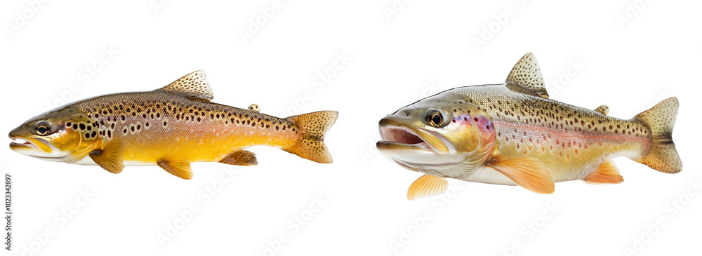 Fresh water fish, rainbow and brown trout, cut out background. Fresh water fish, rainbow and brown trout, cut out background.