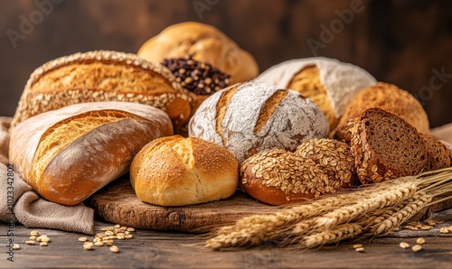 A variety of freshly baked breads and pastries displayed on a rustic wooden table with grains and wheat