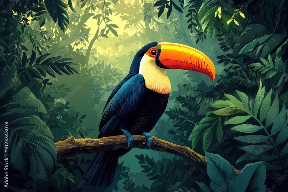 Obraz premium Elegant toucan perched in lush tropical rainforest with vibrant foliage and sunlight filtering through the leaves