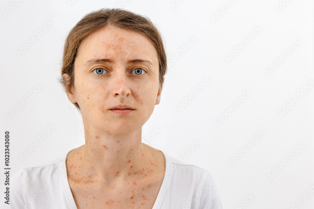 Fototapeta premium Portrait of a girl with skin diseases that worsen the quality of human life. Dermatitis, allergy, eczema, psoriasis concept. White background, banner, copy space.