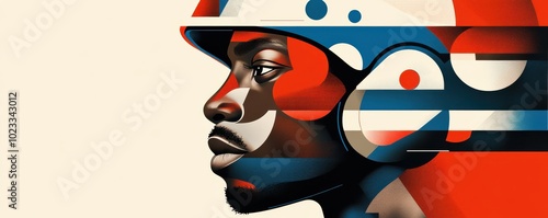 Futuristic geometric portrait of a woman with helmet in abstract style featuring dynamic patterns and vibrant colors photo