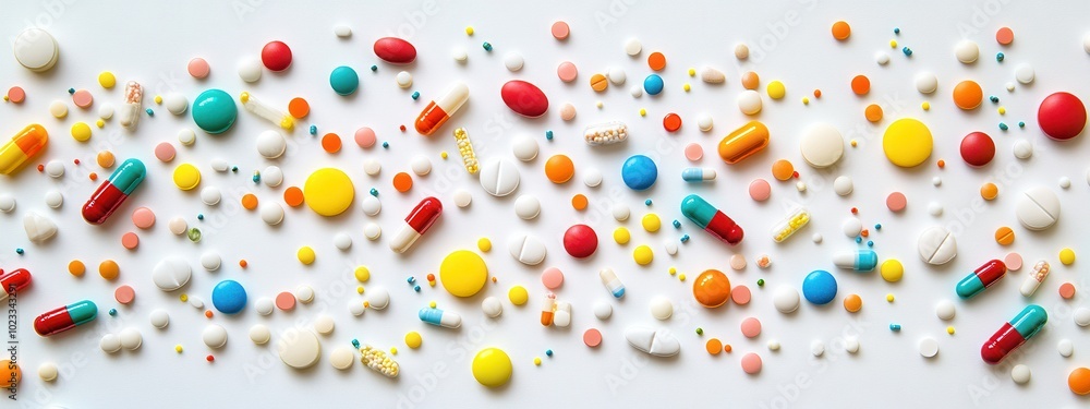 Fototapeta premium Colorful assortment of pills and capsules scattered on a white background, representing healthcare, medicine, and pharmaceutical concepts