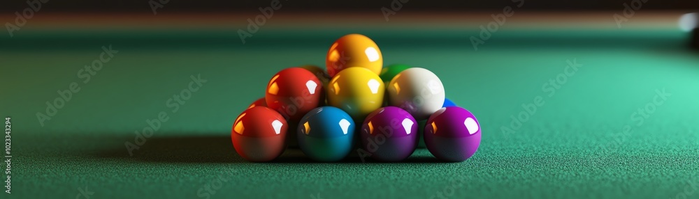 A close-up of billiard balls arranged in a triangle on a green felt table. A close-up of billiard balls arranged in a triangle on a green felt table.