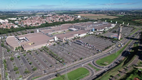 Sao Paulo, Campinas, Brazil - 10, 2024: Aerial view of Parque Dom Pedro Shopping and surrounding areas in Campinas, showing nearby neighborhoods