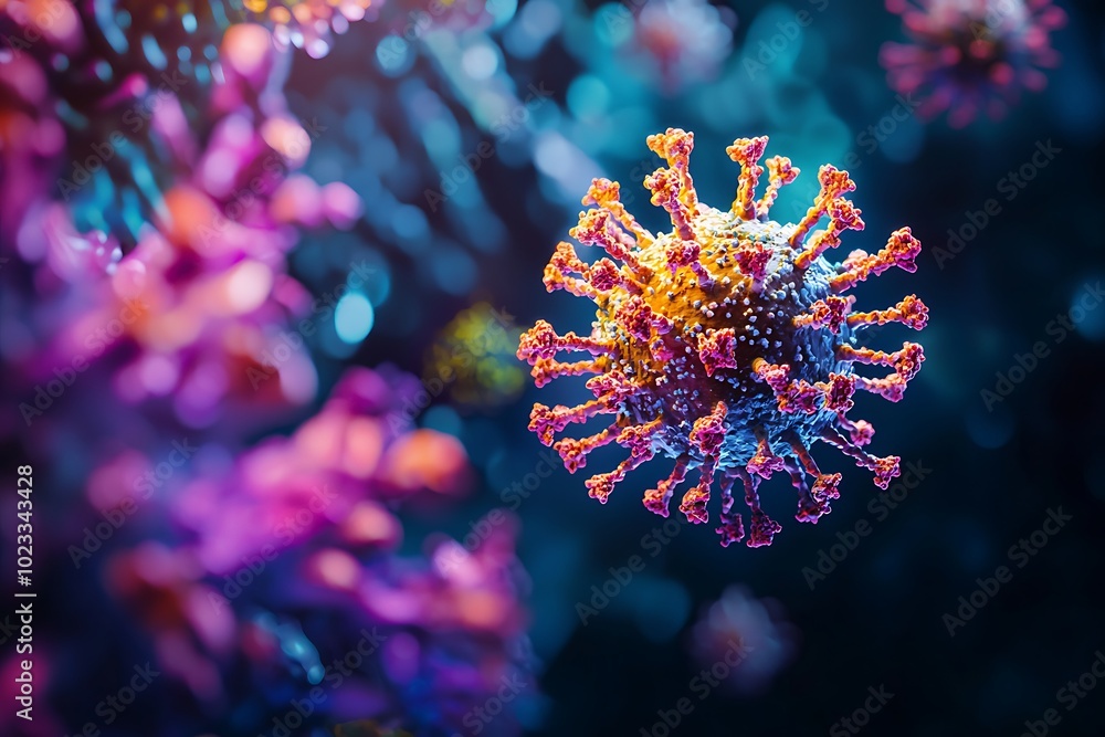 A vibrant representation of a virus, showcasing intricate details and colorful features against a blurred background. A vibrant representation of a virus, showcasing intricate details and colorful features against a blurred background.