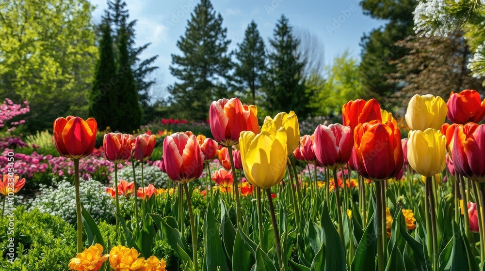 Obraz premium A breathtaking view of colorful tulips blossoming in a spring coniferous garden, with bright petals and evergreen trees creating