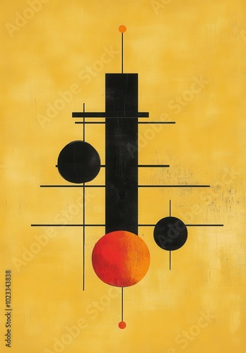 Abstract geometric design with black circles and lines on a vibrant yellow background