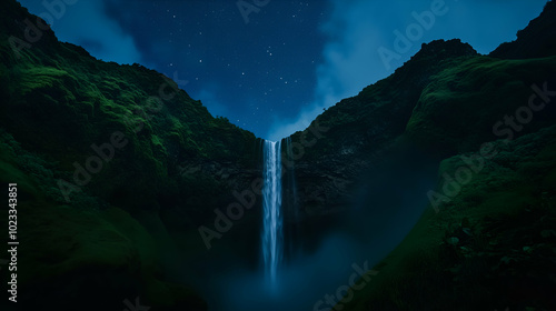 Fototapeta Naklejka Na Ścianę i Meble -  Majestic waterfall cascading down a moss covered cliff under a starry night sky, evoking a feeling of peace and wonder