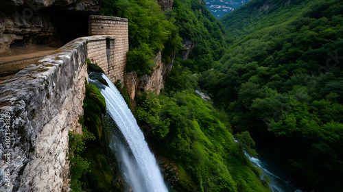 Majestic waterfall flowing down a rocky wall, enveloped by vibrant foliage, forming a serene and breathtaking natural landscape photo