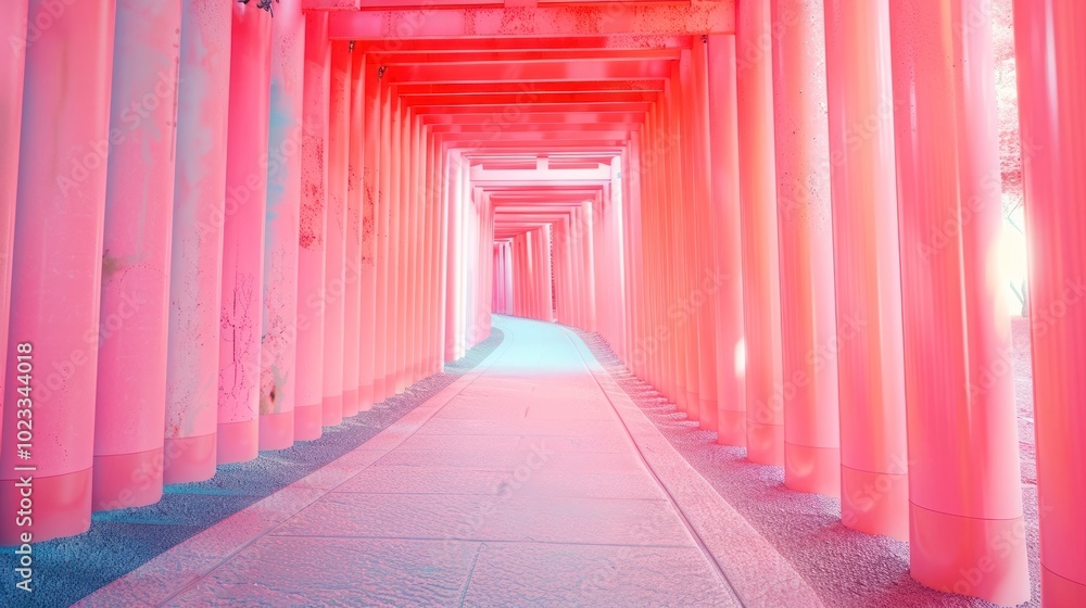 Tranquil and Symmetrical Red Architectural Tunnel Evoking a Serene Calming and Minimalist Atmosphere with a Sense of Mystery and Tranquil and Symmetrical Red Architectural Tunnel Evoking a Serene Calming and Minimalist Atmosphere with a Sense of Mystery and