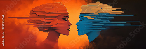 Two abstract faces, one red and one blue, seem to be connected in a digital world.