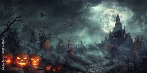 Haunting Halloween landscape featuring eerie castle under full moon, shadowy trees with bats flying, glowing jack-o'-lanterns on misty pathway, creating spooky atmosphere at night.