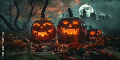 Three carved Halloween pumpkins glow in the dark, vibrant orange faces illuminated against eerie moonlit background, spooky haunted house silhouette and autumn leaves scattered on ground. photo