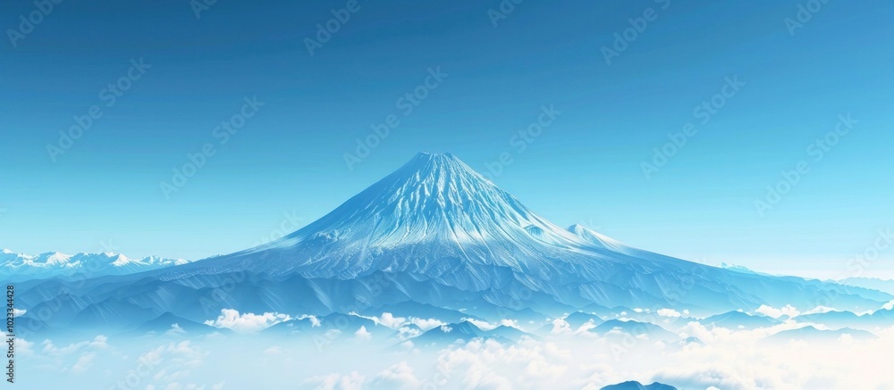 Majestic snowcapped volcanic mountain peak towering above misty clouds in a serene panoramic landscape The snow capped summit rises majestically into the clear blue sky Majestic snowcapped volcanic mountain peak towering above misty clouds in a serene panoramic landscape The snow capped summit rises majestically into the clear blue sky