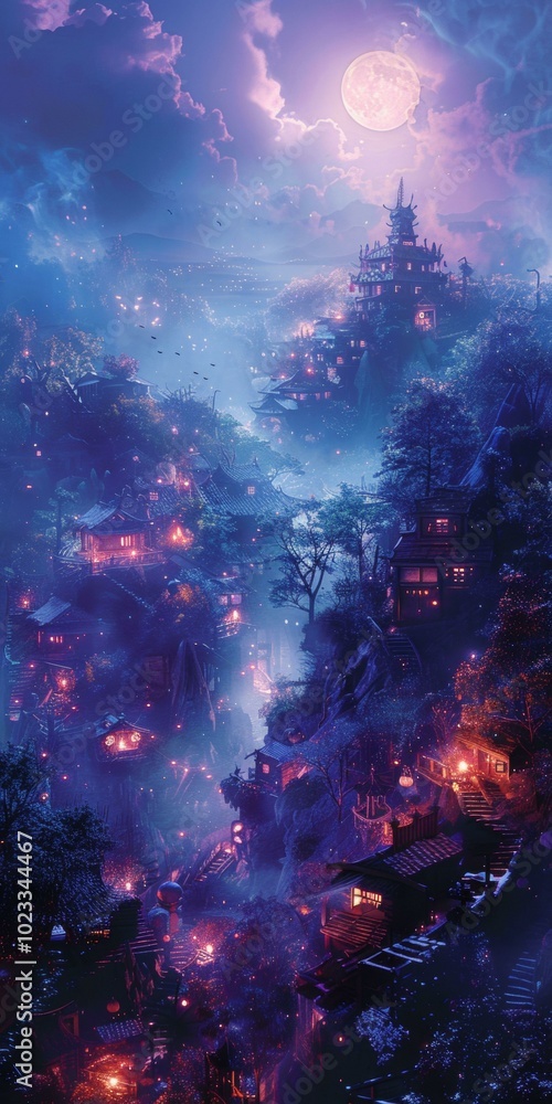 Enchanting Halloween scene featuring illuminated houses nestled in misty hills, eerie moonlight, creating mystical atmosphere with glowing lanterns and hauntingly beautiful landscape. Copy space. Enchanting Halloween scene featuring illuminated houses nestled in misty hills, eerie moonlight, creating mystical atmosphere with glowing lanterns and hauntingly beautiful landscape. Copy space.