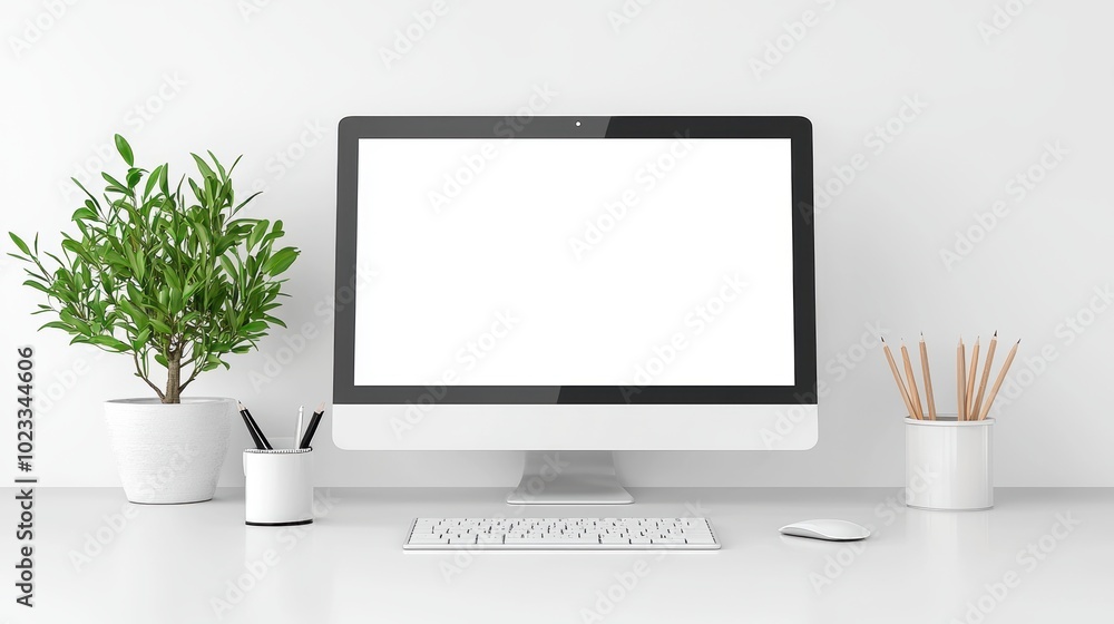 Modern Workspace with Computer and Plant Decoration Modern Workspace with Computer and Plant Decoration