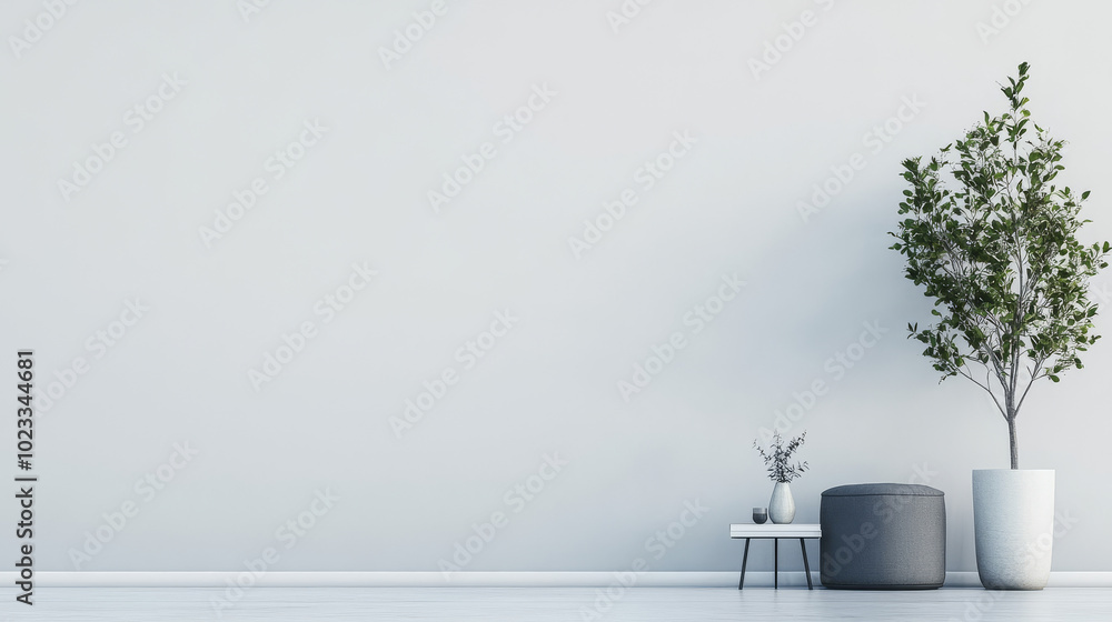 A minimalist living room with a grey ottoman and a potted plant. A minimalist living room with a grey ottoman and a potted plant.