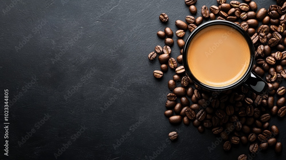 A coffee mug surrounded by scattered coffee beans on a dark background with copy space, creating a minimalist yet cozy vibe for coffee lovers. A coffee mug surrounded by scattered coffee beans on a dark background with copy space, creating a minimalist yet cozy vibe for coffee lovers.