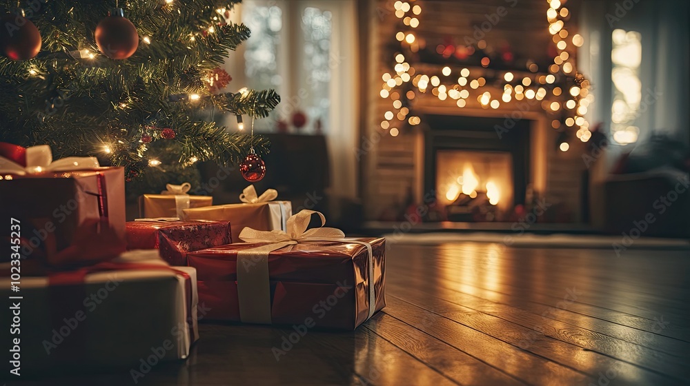 A cozy Christmas interior, with a softly glowing tree, a warm fireplace, and twinkling lights reflecting off beautifully wrapped gifts. A cozy Christmas interior, with a softly glowing tree, a warm fireplace, and twinkling lights reflecting off beautifully wrapped gifts.