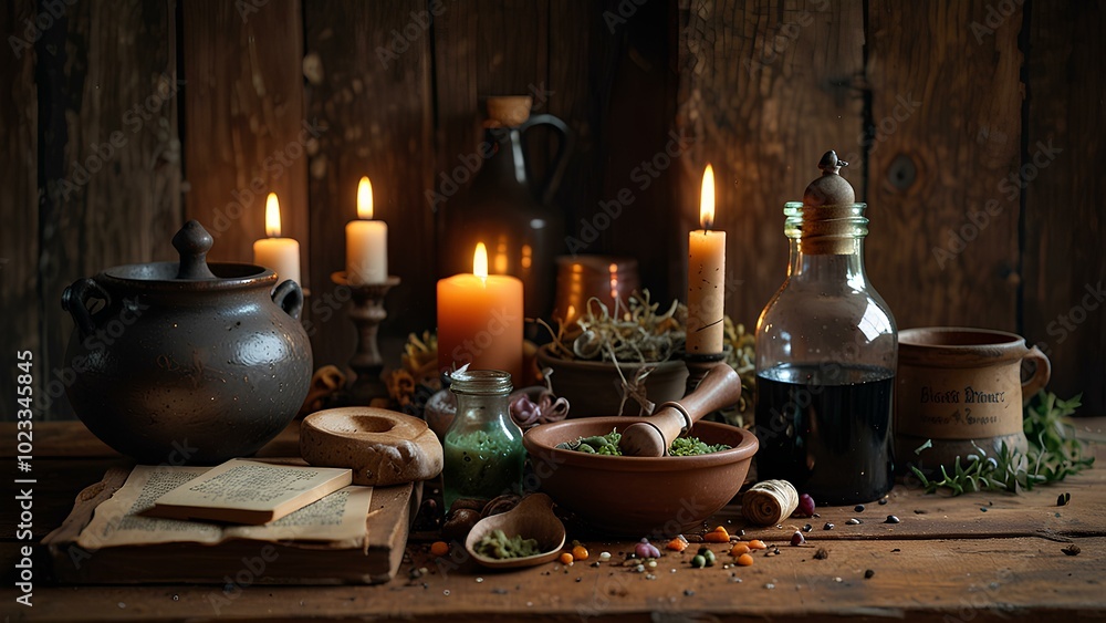 Witch's Potion Ingredients: Dried Herbs, Candles, and Bubbling Cauldron on a Wooden Table Witch's Potion Ingredients: Dried Herbs, Candles, and Bubbling Cauldron on a Wooden Table