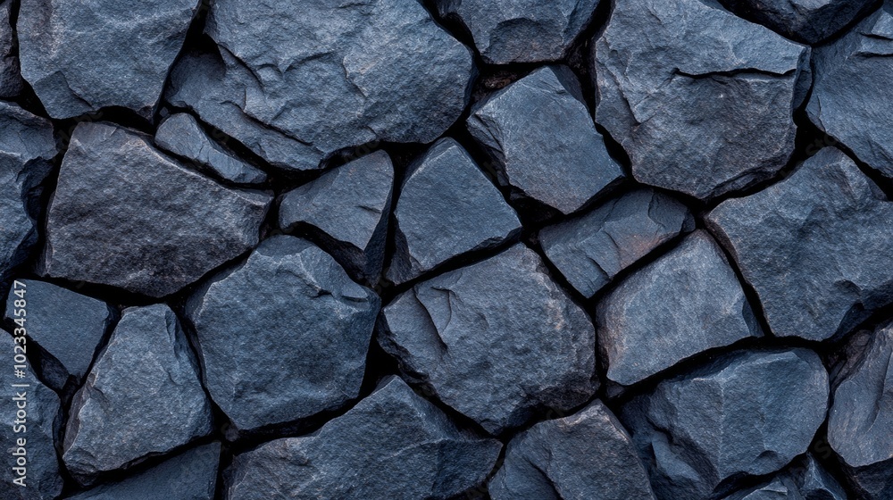 Fototapeta premium Dark cobblestone texture with rough, uneven black stones and cracks forming a natural, rugged pattern on a plain background 