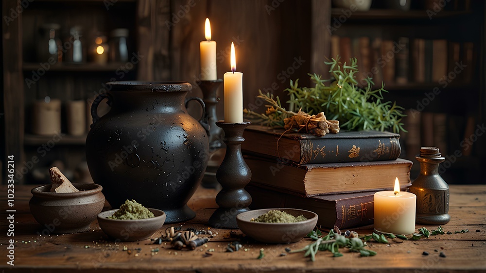 Witch's Potion Ingredients: Dried Herbs, Candles, and Bubbling Cauldron on a Wooden Table Witch's Potion Ingredients: Dried Herbs, Candles, and Bubbling Cauldron on a Wooden Table