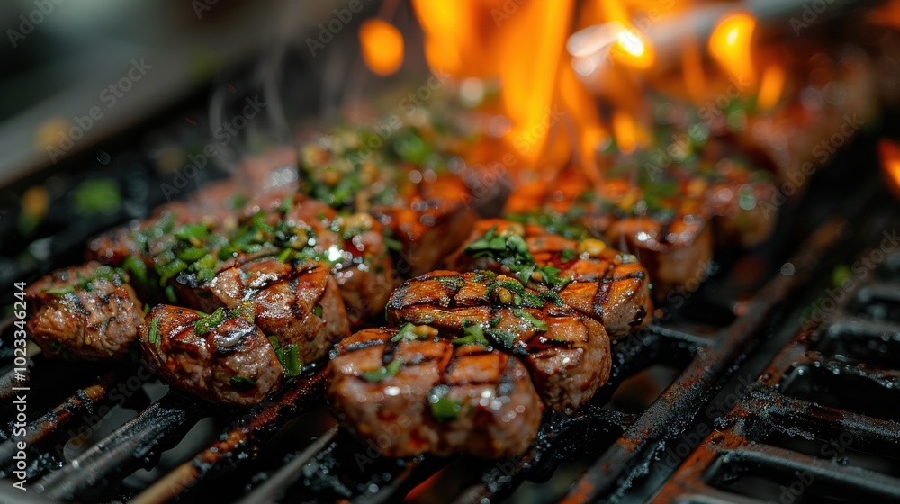 Grill meat with torch by chef, fire.