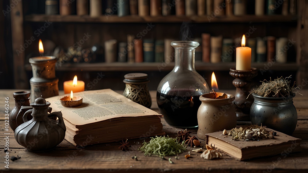 Witch's Potion Ingredients: Dried Herbs, Candles, and Bubbling Cauldron on a Wooden Table Witch's Potion Ingredients: Dried Herbs, Candles, and Bubbling Cauldron on a Wooden Table