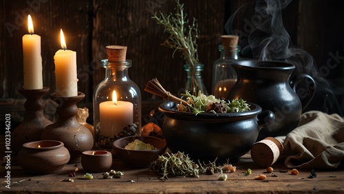 Witch's Potion Ingredients: Dried Herbs, Candles, and Bubbling Cauldron on a Wooden Table photo