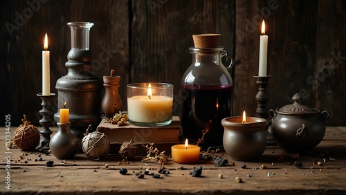 Witch's Potion Ingredients: Dried Herbs, Candles, and Bubbling Cauldron on a Wooden Table photo