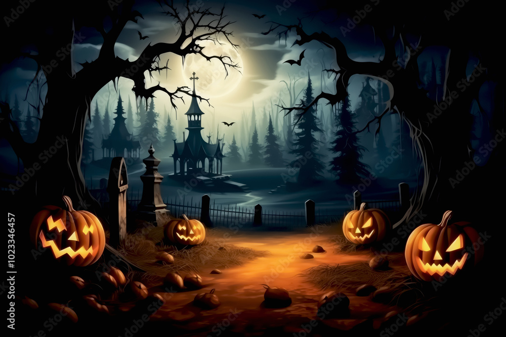 Fototapeta premium Carved pumpkin, Glowing Jack O' Lanterns at night. Halloween Background