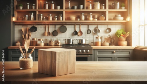 A wooden cube sits on a kitchen counter for product placement, surrounded by cooking ingredients and a blurred kitchen background. Food Product Mockup, Kitchen Scene, Cooking Ingredients Display