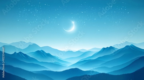 A simple illustration of a peaceful nature scene with stylized mountains, glowing moon, and stars