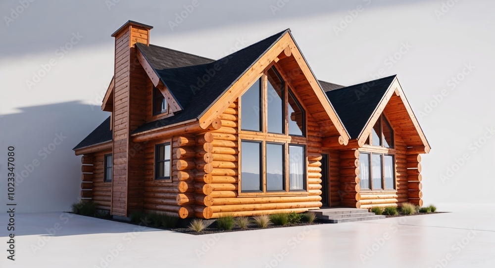Modern wooden log cabin house with large windows on plain white background Modern wooden log cabin house with large windows on plain white background