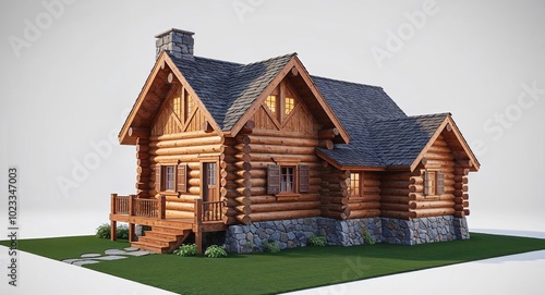 Classic wooden log cabin house with stone foundation on plain white background