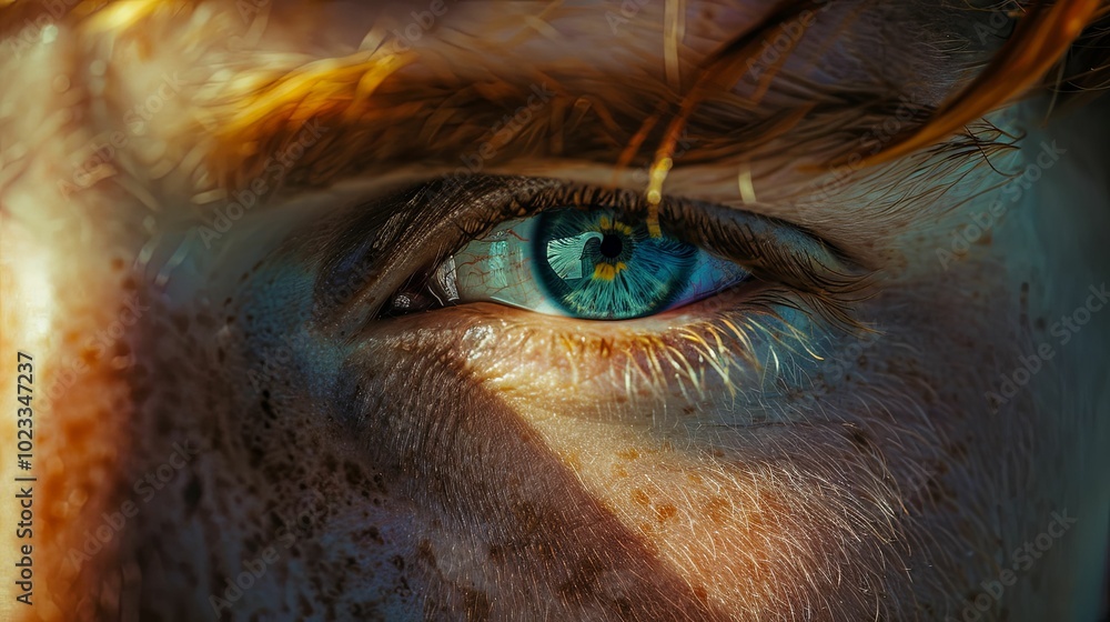 Close-up of a blue eye with freckles and red hair Close-up of a blue eye with freckles and red hair