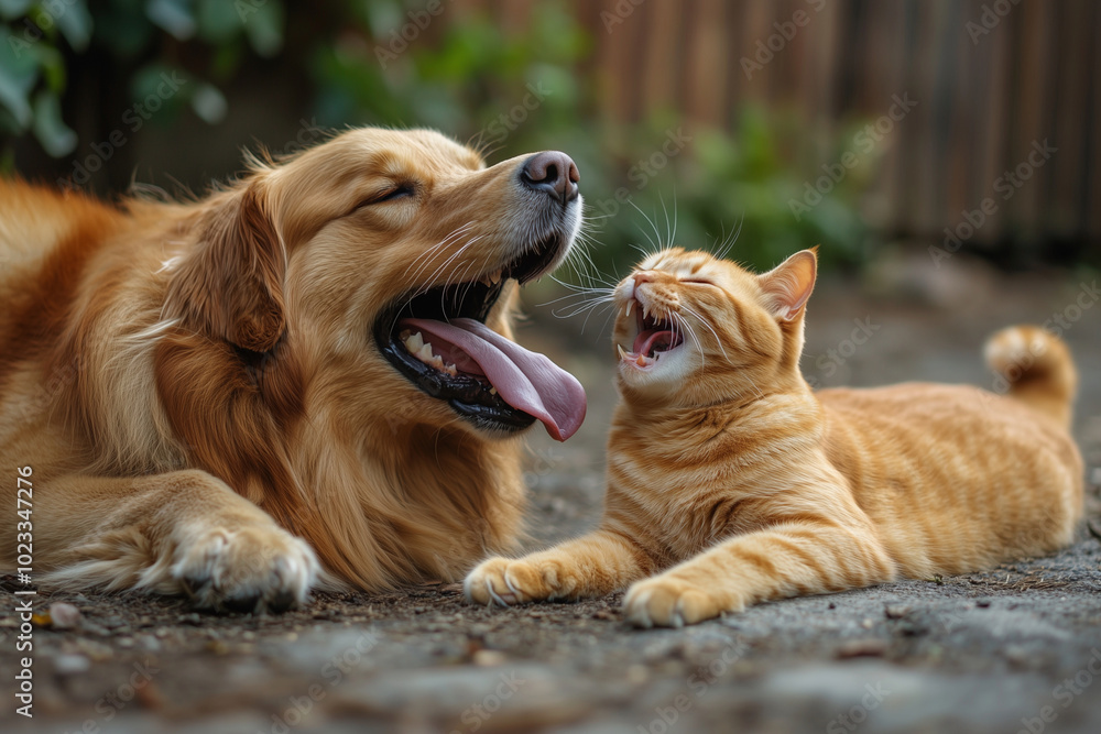cat and a dog are laying on the grass together. The dog is laying on the cat's back cat and a dog are laying on the grass together. The dog is laying on the cat's back