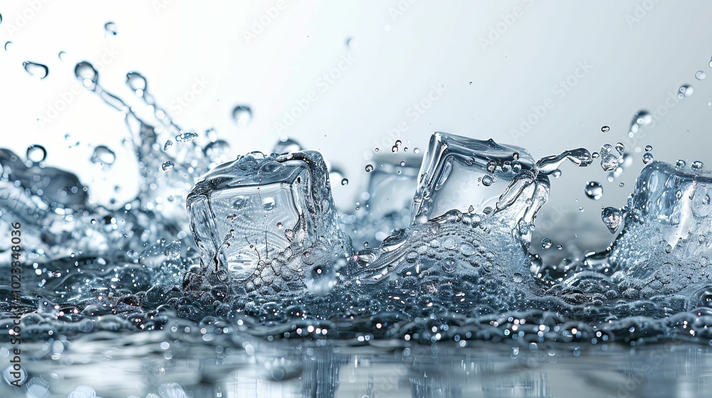 Ice Cubes Splashing into Water with Dramatic Water Droplets Ice Cubes Splashing into Water with Dramatic Water Droplets